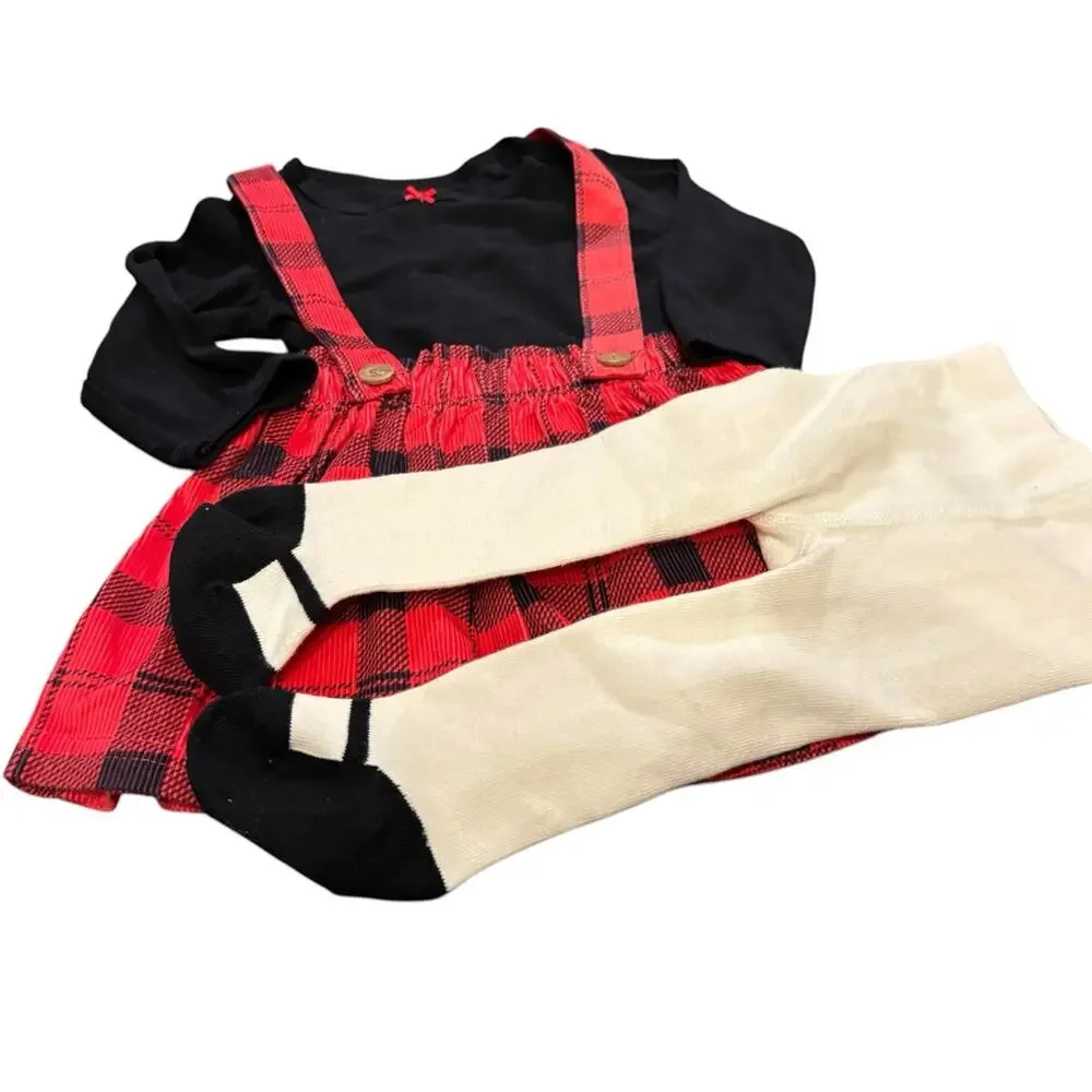 Carter's NWT 9M Girls Plaid Suspender Dress with Long Sleeve Onesie and tights